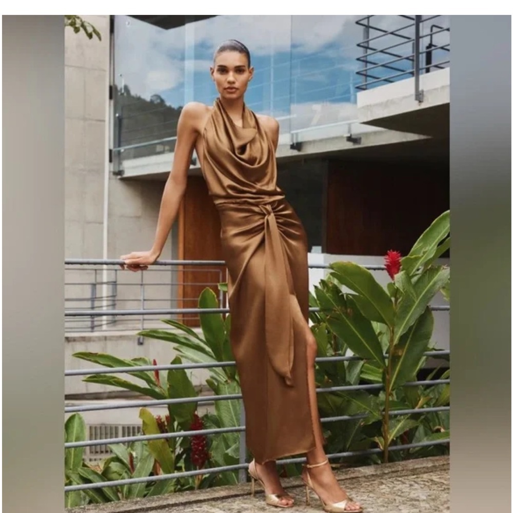 Zara SATIN EFFECT HALTER MIDI DRESS M Brown NWT